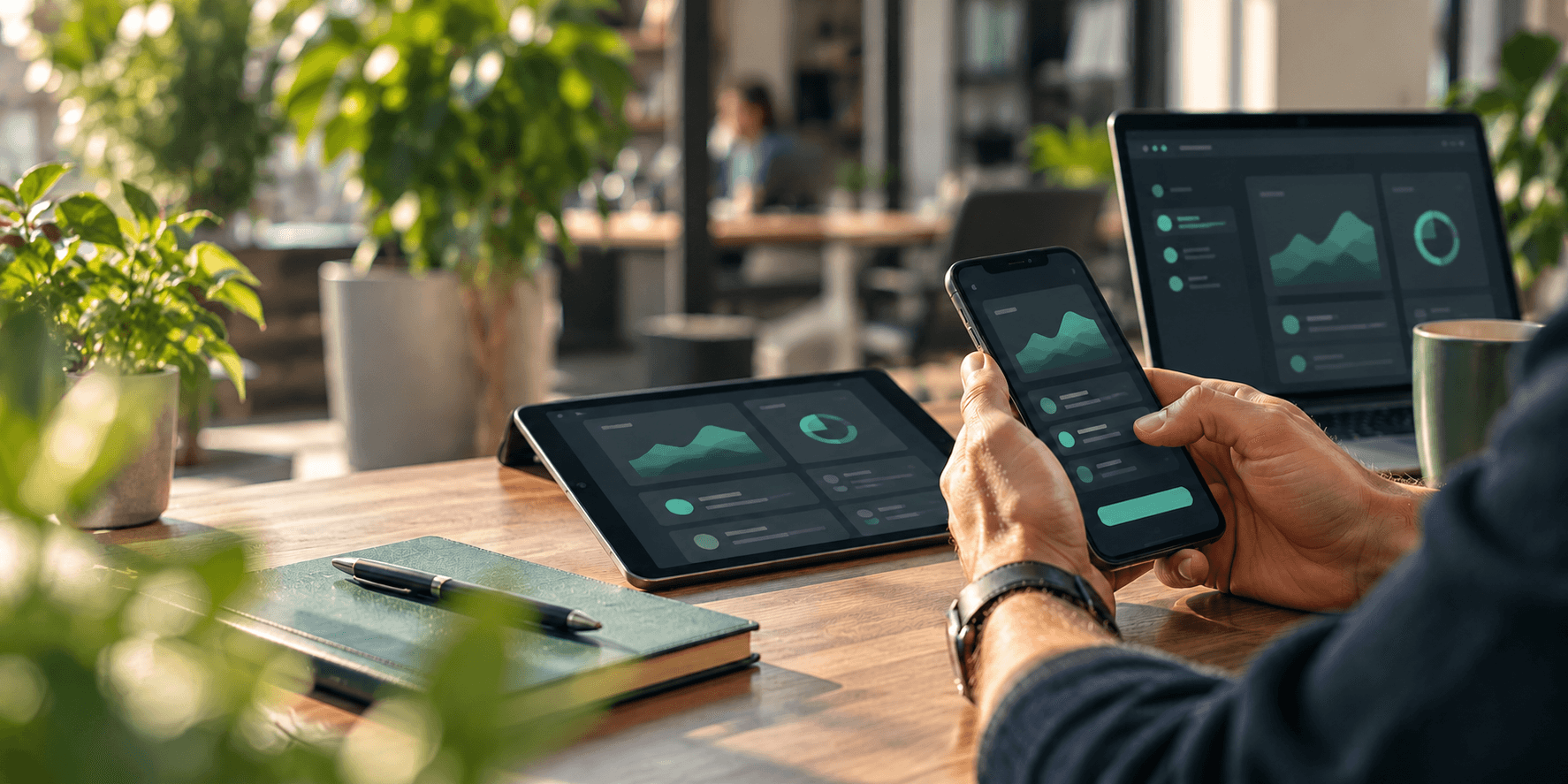 Hände halten ein Smartphone mit einer App-Oberfläche, daneben Tablet und Laptop auf einem Holztisch