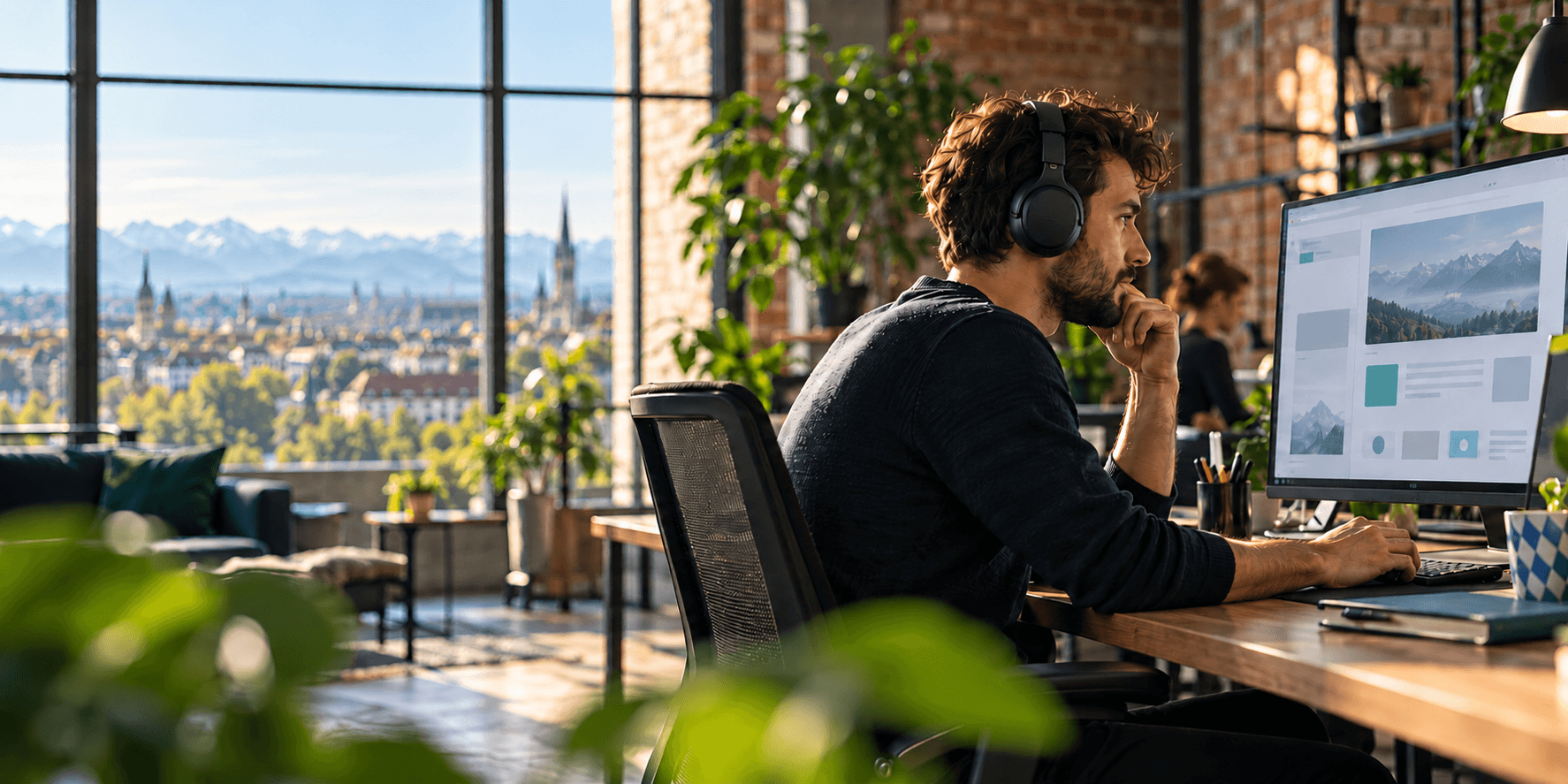 Webentwickler arbeitet in einem hellen Münchner Büro an einem Website-Entwurf, im Hintergrund Frauenkirche und Alpen